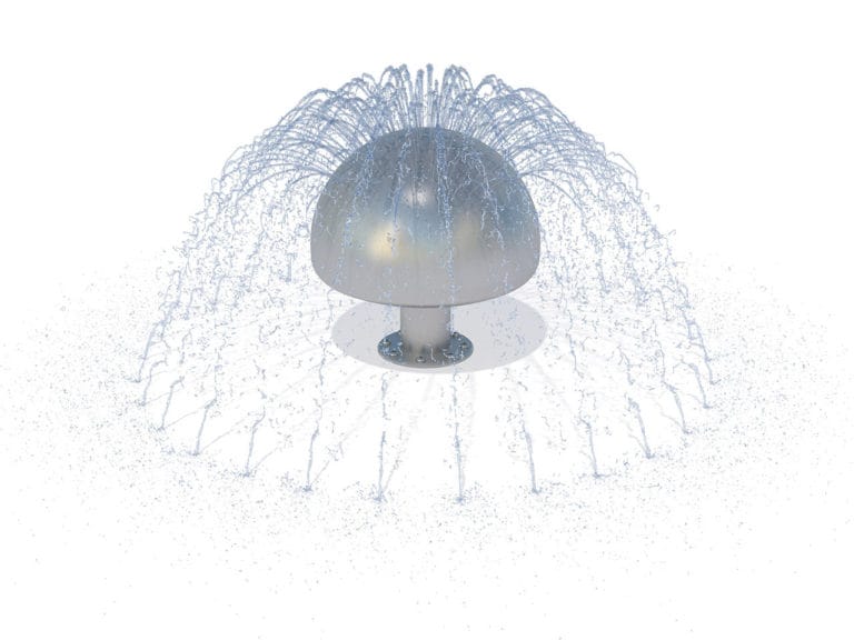 Le Grand hérisson d'eau R1000-500 est une fontaine métallique en forme de champignon qui projette des jets d'eau de façon circulaire, formant un dôme avec des gouttelettes d'eau éparses sur un fond blanc uni.